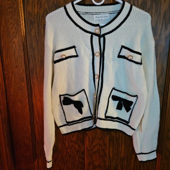 Women's THREADED LEAF bow Long sleeve cardigan sweater - Picture 1 of 7